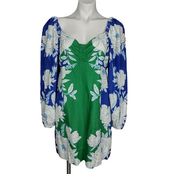 Farm Rio  Soft Garden Linen-Blend Minidress Size Large Puff Sleeve Vacation - Picture 2 of 16